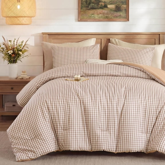 Gingham Comforter Set , 3 count Tan  Comforter Set,  Gingham Bedding Set, Lightweight Warm Grid Checkered  Bedroom Decor for   with 2 Pillowcases