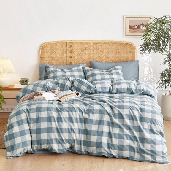 Gingham Cotton Duvet Cover Set Plaid Buffalo Check Checkered Farmhouse 100 Washed Cotton Textured Percale Bedding Set 3 Pieces Greyish Blue White Full Size