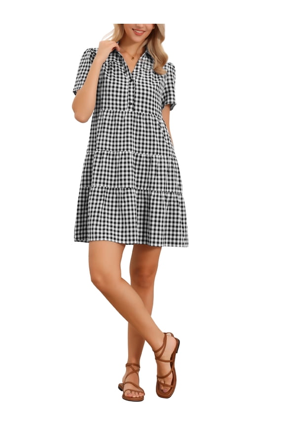 Gingham Dress Women V Neck Short Sleeve Button Front Vintage Plaid Swing Tiered Loose Midi Dresses XS Black