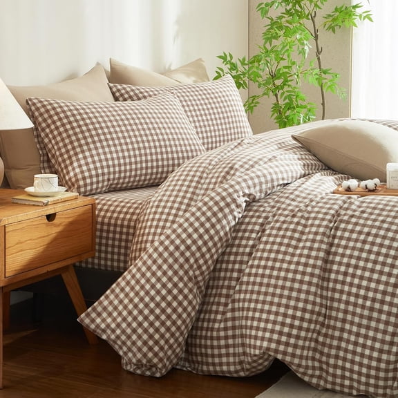 Gingham Duvet Cover Queen Size Brown White Plaid Checkered Comforter Cover 3 Pcs Breathable Durable Washed Cotton Duvet Cover Set Grid Bedding Set