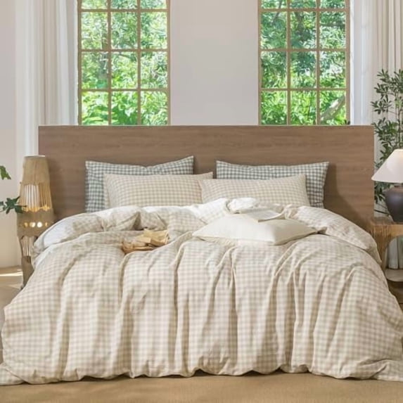 Gingham Duvet Cover Set 100 Washed Cotton Linen Like Textured — free download