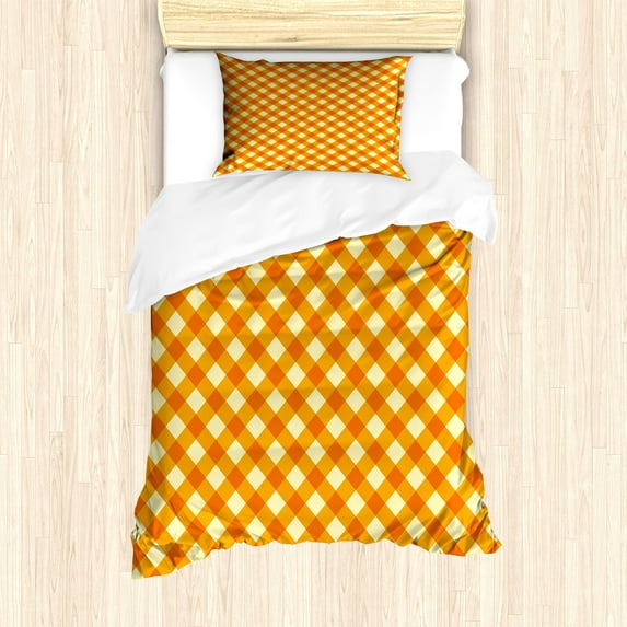 Gingham Duvet Cover Set, Vintage Style Diagonal Plaid Pattern Illustration Image Art Print, Decorative 2 Piece Bedding Set with 1 Pillow Shams, Twin Size, Cream Orange and Vermilion, by Ambesonne