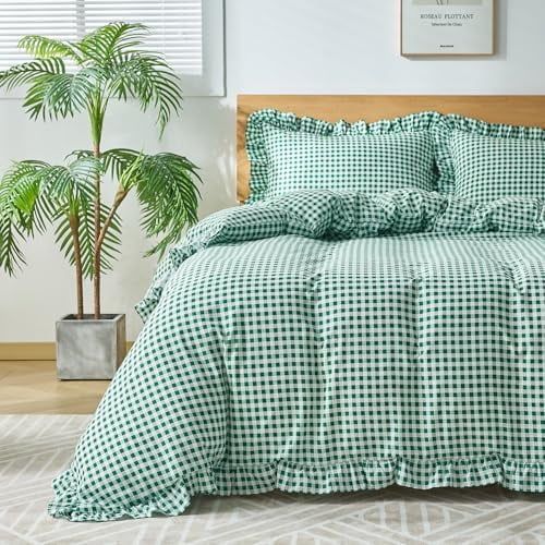 Gingham Duvet Cover Twin Size, 2 Pieces Soft Breathable Microfiber Plaid Comforter Cover with Zipper Closure & 1 Pillow Shams, Ruffle Farmhouse Vintage Decor, Green