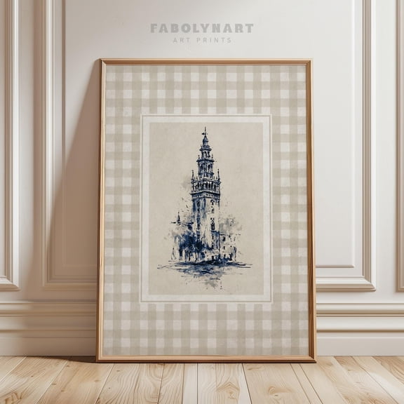 Gingham European Tower Architectural Traveler Dark Academia Decor Architect, Unframed Poster