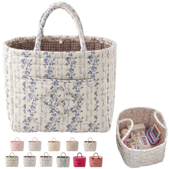 Gingham Fabric Quilted Storage Basket, Basket Organizer Gift with Handles, for Toys, Books, and Clothes