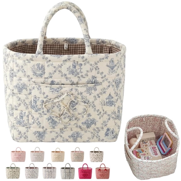 Gingham Fabric Quilted Storage Basket, Basket Organizer Gift with Handles, for Toys, Books, and Clothes