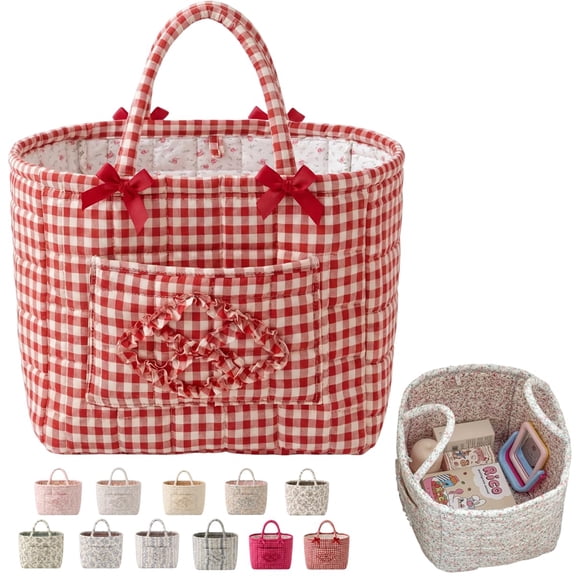 Gingham Fabric Quilted Storage Basket, Basket Organizer Gift with Handles, for Toys, Books, and Clothes