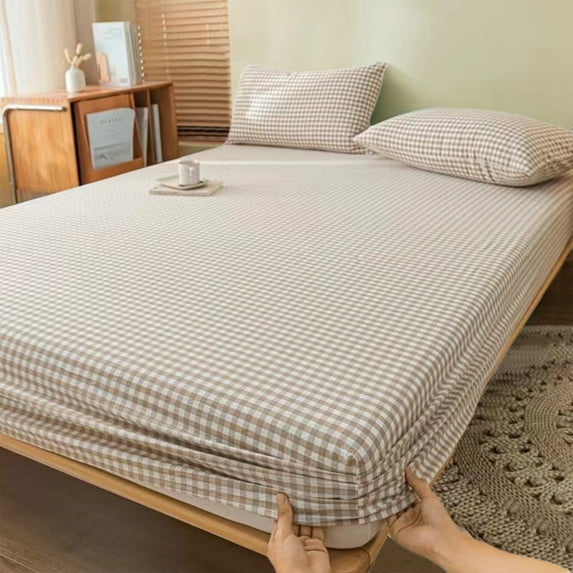 Gingham Fitted Sheet King Only Deep Pocket Washed Cotton White Tan Plaid Checkered Bottom Sheet,Soft,Breathable,Easy Care,150x200cm