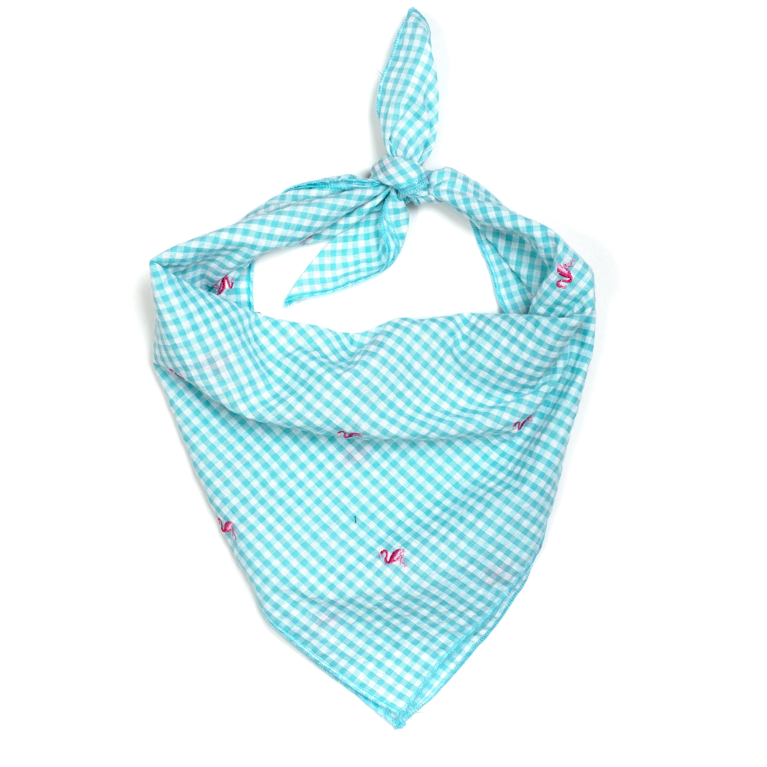 The Worthy Dog Gingham Embroidered Flamingos Classic Square Tie-On Bandana
