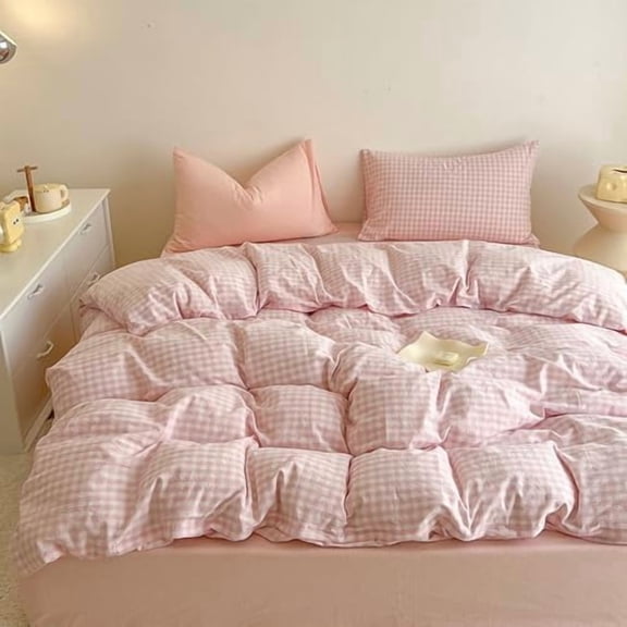 Gingham Full Comforter Set, Soft Breathable Bed in a Bag King Size 3 Pieces, Pink White White Checkered Plaid Bedding Set for All Season, 1 Comforter & 2 Pillowcases