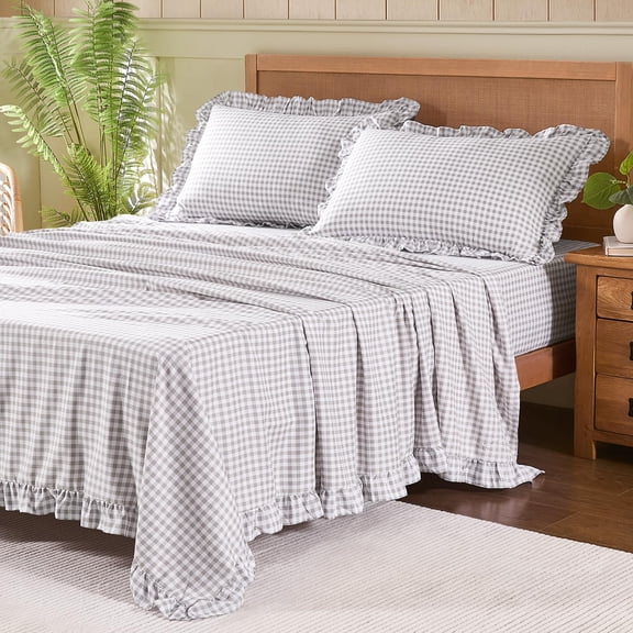 Gingham Full Sheet Set Gray Plaid Ruffled Bedroom Bedding