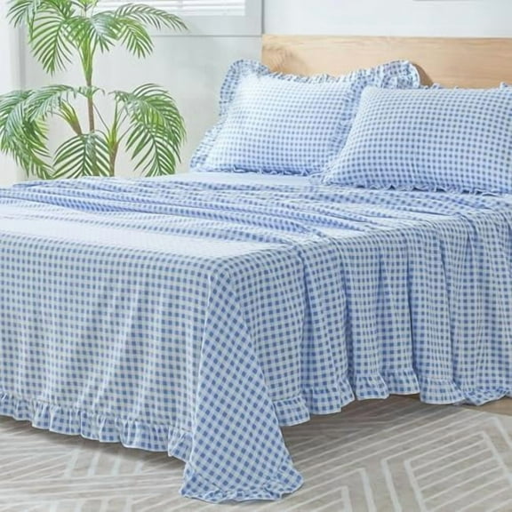 Gingham Full Sheet Set, Lightweight Super Soft Brushed Microfiber Plaid Bed Sheets with 16" Deep Pocket, 4 Piece Ruffle Farmhouse Bedroom Decor, Blue