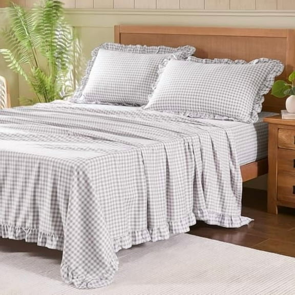 Gingham Full Sheet Set, Lightweight Super Soft Brushed Microfiber Plaid Bed Sheets with 16" Deep Pocket, 4 Piece Ruffle Farmhouse Bedroom Decor, Grey