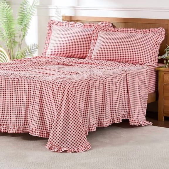 Gingham Full Sheet Set, Lightweight Super Soft Brushed Microfiber Plaid Bed Sheets with 16" Deep Pocket, 4 Piece Ruffle Farmhouse Bedroom Decor, Red