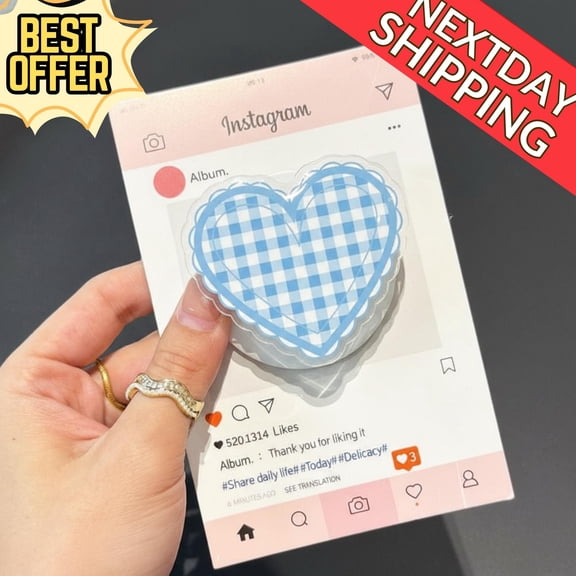 Gingham Heart Phone, Cute Blue Heart, Kawaii Checkered Phone Phone Grip, Everyday Style Phone Holder, E-Reader Accessory