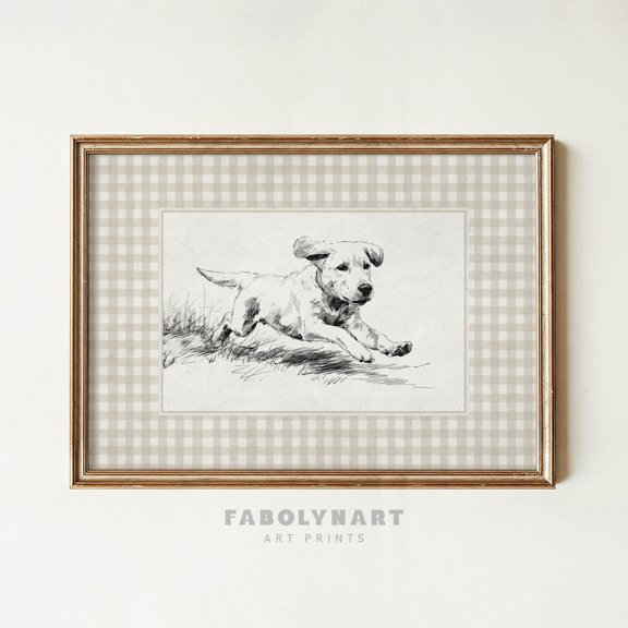 Gingham Labrador With Zoomies Vintage Running Dog Sketch Lab Retriever Mom, Unframed Poster