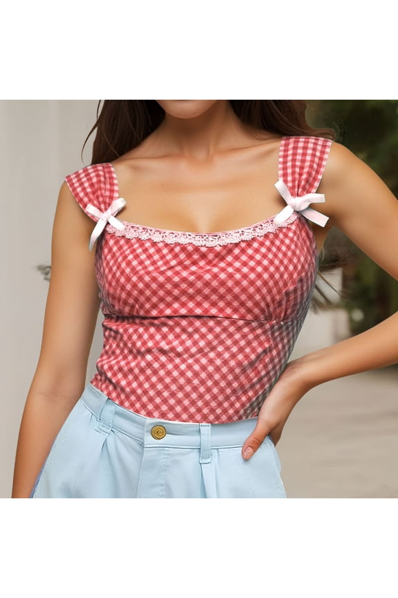 Gingham Lace Trim Tank Top for All Seasons Featuring Square Neck and Spaghetti Straps Versatile Cropped Style for Everyday and Going Out Red S