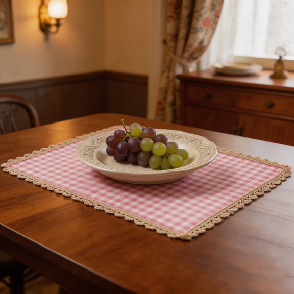 Gingham Linen Placemats, 15.7x11.8in Check Table Mat Buffalo Plaid Washable Scalloped Wavy Embroidery Placemat for Spring Dining Tables Tea Party