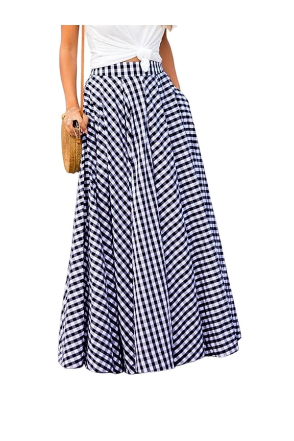 Women's A Line High Waist Maxi Skirt Gingham Plaid Long Casual Summer Skirt Blue S