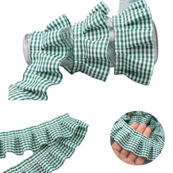 Gingham Narrow Ruffle Edge Trim,QZS Durable Mini Gathered Ribbon for Home,Green Portable Ruffle Pleated Lace Trim,5 Yards,1Pack