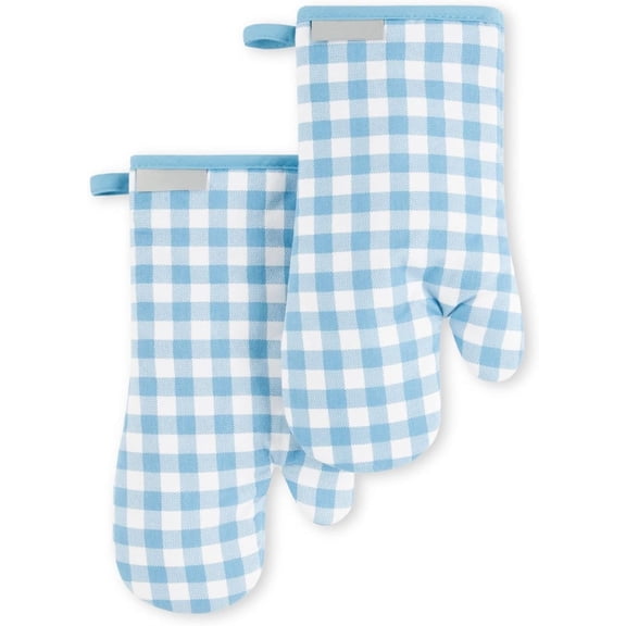 Gingham Oven Mitt 2-Pack Set  Blue Velvet  7 x 13 Inches  Heat Resistant Cotton Kitchen Mitts with Hanging Loop