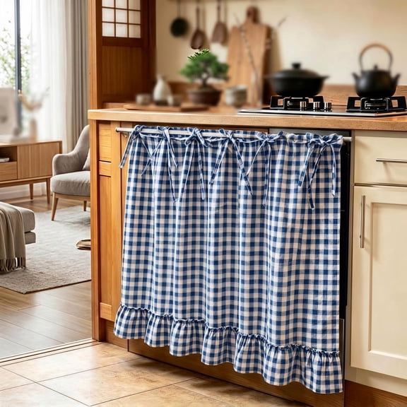 Gingham Oven Skirt Curtain with Ties, Kitchen Curtain for Farmhouse Decor