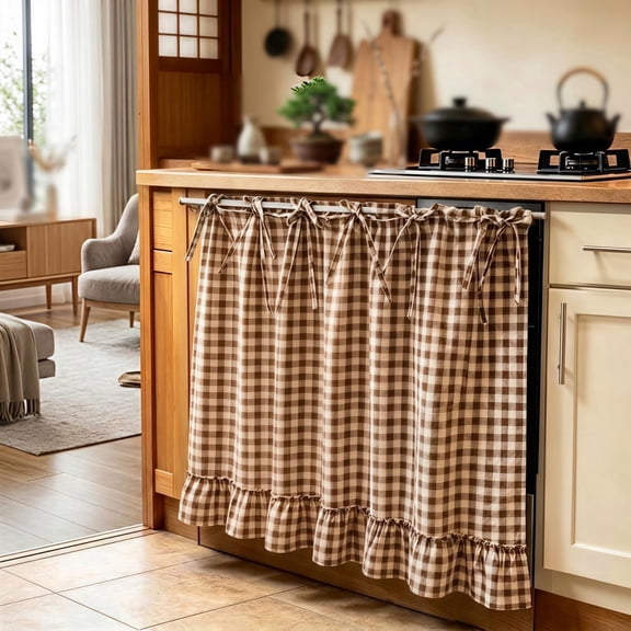 Gingham Oven Skirt Curtain with Ties, Kitchen Curtain for Farmhouse Decor