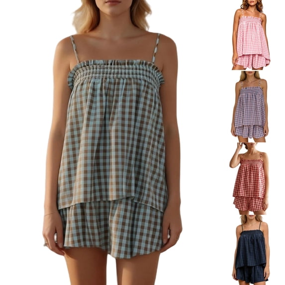 Gingham Pajamas for Women Set Summer 2 Piece Set Lounge Sleepwear Ruffle Sleeveless Babydoll Cami Top and Plaid Shorts Matching Sets Women Clothing Mint Green S