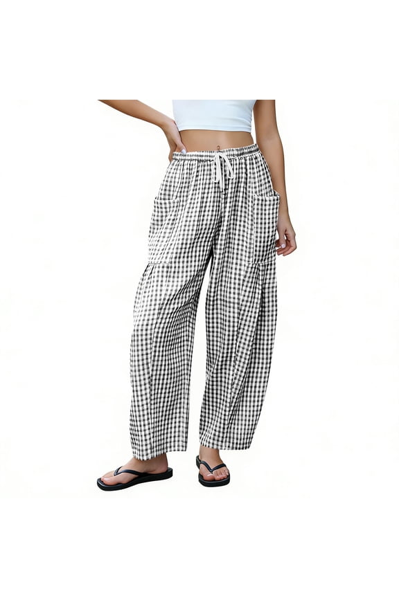 Gingham Pants Women Spring Summer Elastic Waist Drawstring Wide Leg Lounge Trousers with Pockets Black L(L)