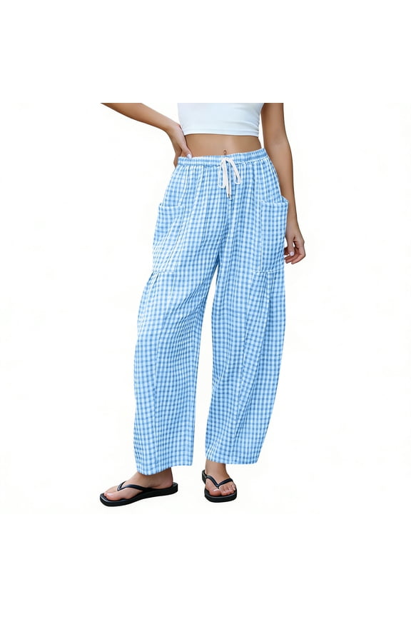 Gingham Pants Women Spring Summer Elastic Waist Drawstring Wide Leg Lounge Trousers with Pockets Blue XL(XL)