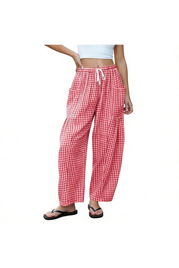 Gingham Pants Women Spring Summer Elastic Waist Drawstring Wide Leg Lounge Trousers with Pockets Red XXL(XXL)