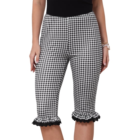 Gingham Pants for Women Low Waist 3/4 Knee Length Cropped Capri Leggings M Black
