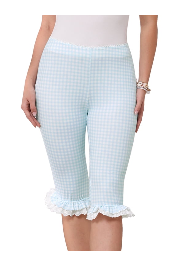Gingham Pants for Women Low Waist 3/4 Knee Length Cropped Capri Leggings M Blue