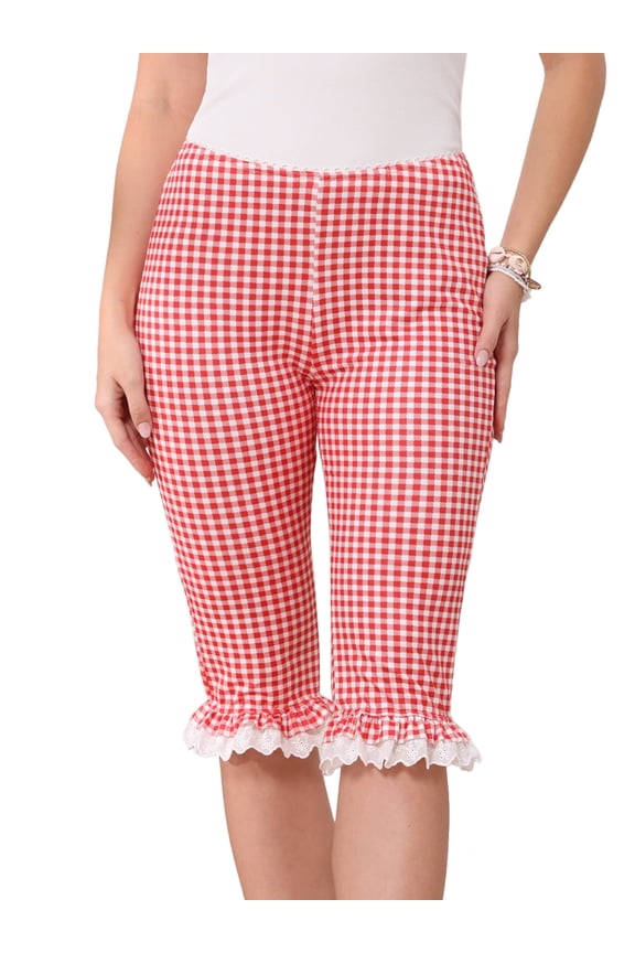 Gingham Pants for Women Low Waist 3/4 Knee Length Cropped Capri Leggings S Red