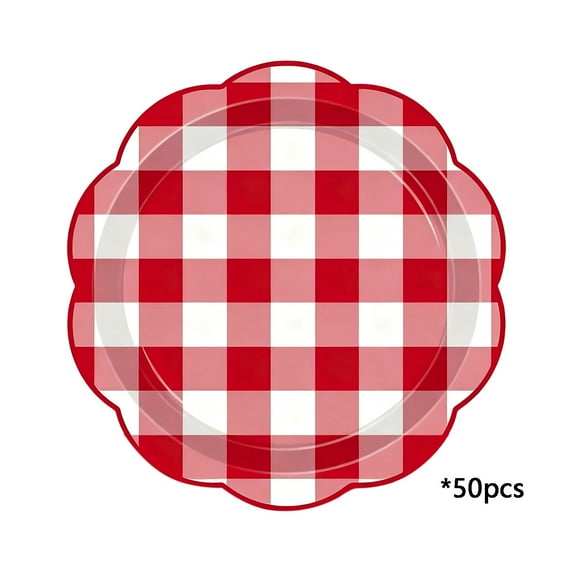 Gingham Paper Plates 50 Pieces Disposable Dinner Plate for Wedding Baby Shower Birthday Party 7 In Christmas Checkered Dessert Plate (Red)