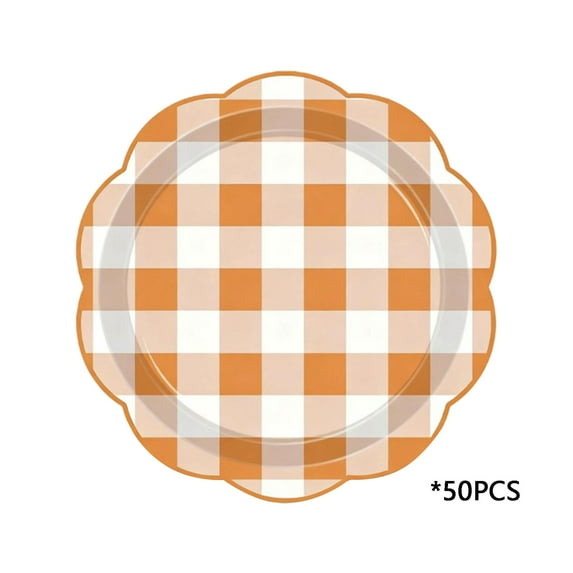 Gingham Paper Plates 50 Pieces Disposable Dinner Plate for Wedding Baby Shower Birthday Party 7 In Thanksgiving Checkered Dessert Plate (Orange)