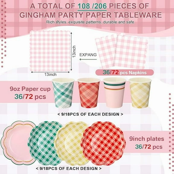 Gingham Party Supplies Include Disposable 6" Plates and 9 oz Cups and Paper Napkins Tableware Set for Birthday Bridal Shower BBQ Picnic Party Supplies Decoration(Fresh Color,216 Pcs)