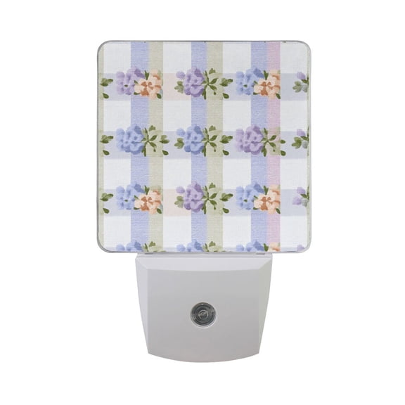 Gingham Pattern with Different Color Flowers LED Night Light Sensor Lamp Plug-in Adjustable Brightness 2 Pack