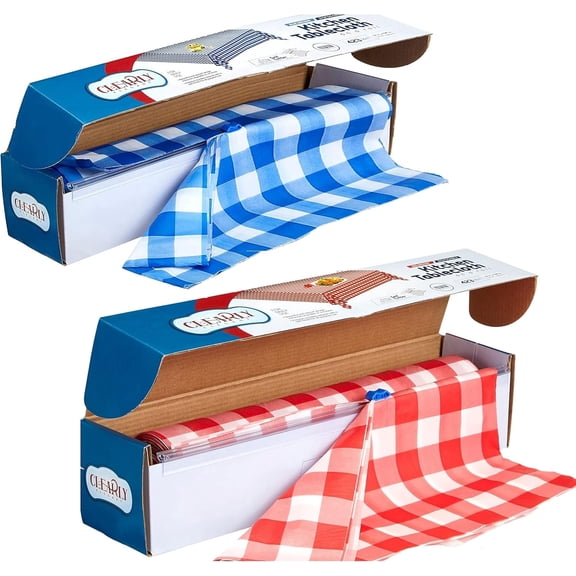 Gingham Picnic / Party Plastic Tablecloth Roll, Disposable Picnic Colored Table Cloth On a Roll with Self Cutter Box,Indoor/Outdoor, by Clearly Elegant (1 Blue + 1 Red)