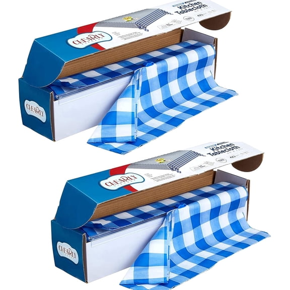 Gingham Picnic/Party Plastic Tablecloth Roll, Disposable Picnic Colored Table Cloth On a Roll with Self Cutter Box,Indoor/Outdoor, by Clearly Elegant (2 Rolls Blue Gingham)