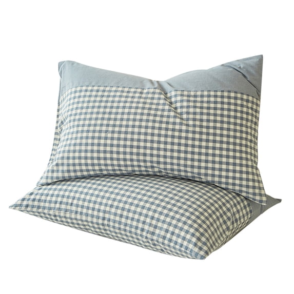 Gingham Pillowcases Set Farmhouse Standard Size Pillow Shams , Grid Checkered Gingham Washed Cotton Pillow Covers with Envelope Closure Blue