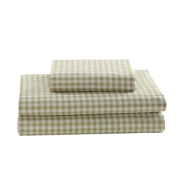 Gingham Plaid 4Piece Green 250TC Cotton Percale Queen Sheet Set