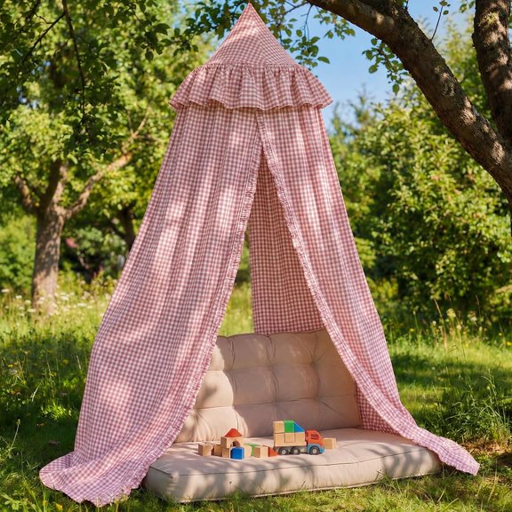 Gingham Plaid Bed Canopy, Pink White, Round | Soft Princess Bed Canopy with Ruffles, Vintage Circus Tent Canopy for Adult Bedroom, Reading Nook, Play Area & Home Decor