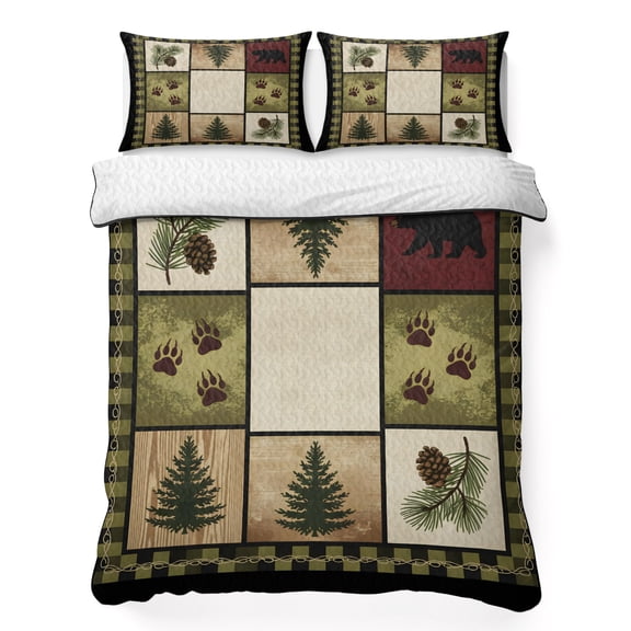 Gingham Plaid California King Quilt Bedding Set, Bear Silhouette Forest Pine Cones Vintage Green Frame Lightweight Comforter with 2 Pillow Shams Bedroom Bedspread Set Home Decor for All Seasons