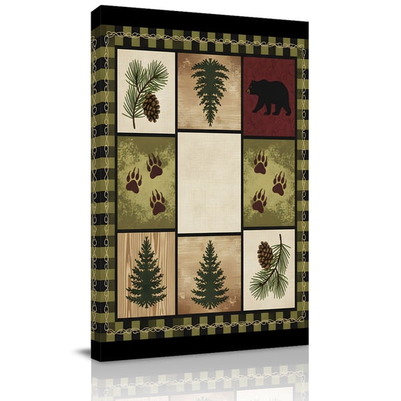 Gingham Plaid Canvas Wall Art for Living Room, Bear Silhouette Forest Pine Cones Vintage Green Frame Poster Print Painting for Bedroom Office Home Decoration Wall Pictures Prepare To Hang 22"x28"