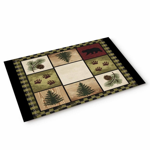 Gingham Plaid Door Mat Bear Silhouette Forest Pine Cones Vintage Green Frame Non Slip Absorbent Entrance Mat Washable Low Profile Indoor Doormat for Front Door Entryway Entry 16"x24"