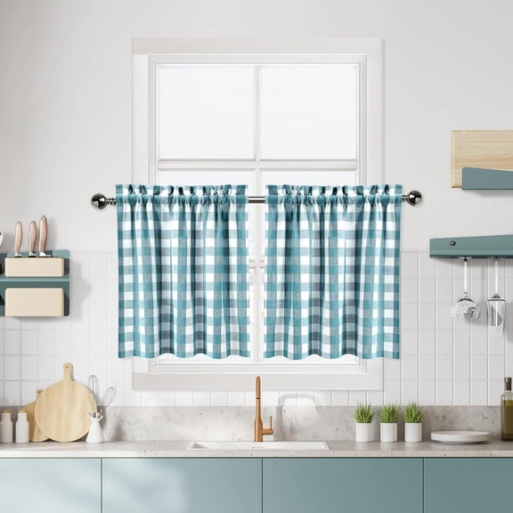 Gingham Plaid Kitchen Curtains 30 Inch Length for Kitchen/Bathroom Rod Pocket Set of 2 Blue