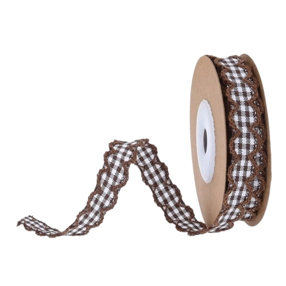Gingham Plaid Ribbon 5 Yards 14mm Checked Wavy Edge Ribbon Polyester Woven Plaid Edging for Hair Accessories Flower Gift Wrapping Decoration (Coffee)