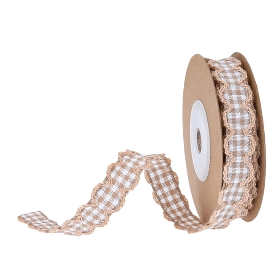 Gingham Plaid Ribbon 5 Yards 15mm Checked Wavy Edge Ribbon Polyester Woven Plaid Edging for Hair Accessories Flower Gift Wrapping Decoration (Khaki)