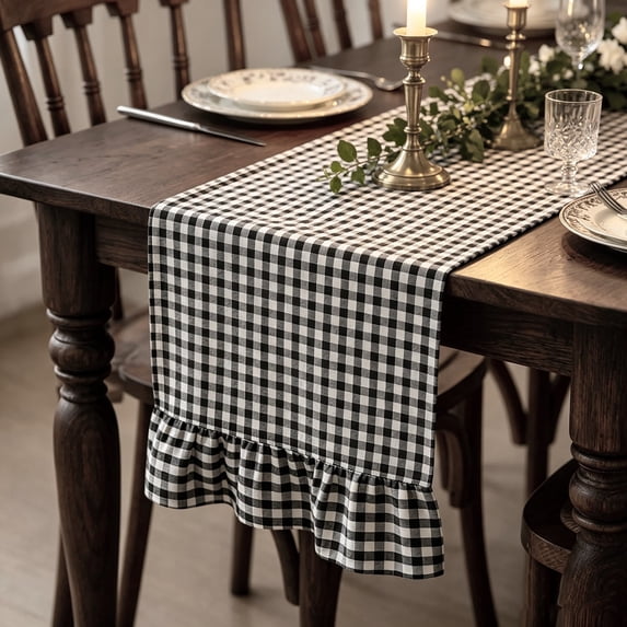 Gingham Plaid Ruffle Farmhouse Table Runner, 13.77" x 47.24" Short Ruffle Runner for Wedding Party Picnic Birthday Holiday, Boho Rustic Dining Decor, Table Decorations for Home Kitchen